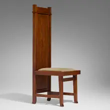 Frank Lloyd Wright, Tall back chair from Browne's Bookstore, Chicago, c. 1907, oak, mohair upholstery