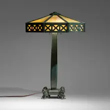 Wilkinson Co., Early table lamp with lions, c. 1910, patinated bronze, glass