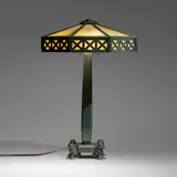 Wilkinson Co., Early table lamp with lions, c. 1910, patinated bronze, glass