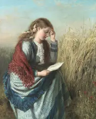 English School, A girl reading in a cornfield, oil on canvas