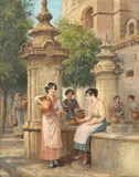 Arthur Trevor Haddon, Venetian flower and fruit market; Meeting at the fountain; a pair, oil on canvas