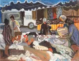 Charles James McCall, French Market Scene - Deauville, oil on canvasboard