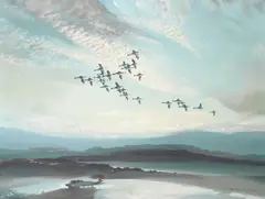Vernon Ward, Geese in flight at sunset, oil on canvas