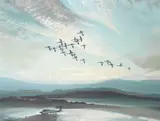 Vernon Ward, Geese in flight at sunset, oil on canvas