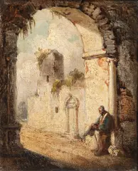 George Chinnery Rha, A Chinese beggar at the gate of a temple, oil on canvas