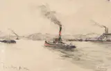 Fernand Herbo, Bateaux a vapeur, 1932, watercolour and charcoal