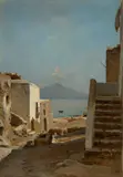 Deutsch, um 1850 & 60, Gasse mit Blick auf den Vesuv, Öl auf Papier, auf Pappe aufgezogen