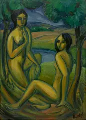 Emil Maetzel, Zwei weibliche Akte unter Bäumen, 1914, Öl auf Karton