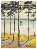 Walter Leistikow, Kiefern am Ufer, Gouache auf Papier, auf Karton aufgezogen
