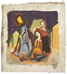 Karl Hofer, Nächtliche Szene mit trauernden Gestalten, Um 1952, Ölskizze auf Leinwand, an den Rändern auf Hartfaser aufgezogen