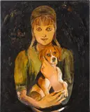Cornelia Schleime, Selbstporträt mit Jacky, 1997, Acryl, Asphaltlack und Schellack auf Leinen