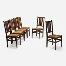 Gustav Stickley, Dining chairs model 353, set of six, c. 1907, oak, rush