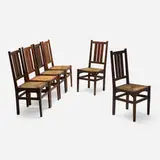 Gustav Stickley, Dining chairs model 353, set of six, c. 1907, oak, rush