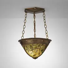 Lillian Palmer, Hanging fixture with roses for the Lucy M. Pray House, Berkeley, California, c. 1904-1915, patinated brass, hand-painted brass mesh, brass-plated steel