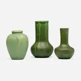 Grueby Faience Company, Collection of three vases with leaves