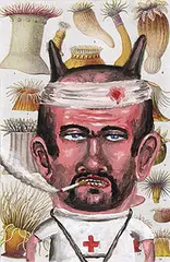 Fred Stonehouse, untitled (Devil and Sea Anemones), 1989, acrylic on book page