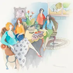 Itzchak Tarkay, Four ladies seated at a table, watercolour and pen and ink