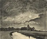 Otto Pankok, Sonne, Kirche, Fluß, 1940, Kohle auf Papier, teilweise laviert