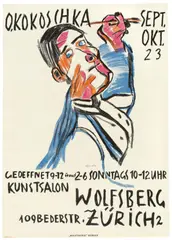 Oskar Kokoschka, Selbstbildnis von zwei Seiten als Maler, 1923, Farblithografie auf Papier