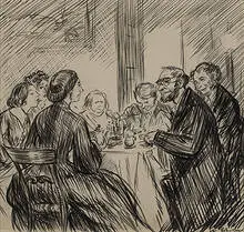 Dinner Party by William James Glackens, c.1907, ink on paper with collage, sold Nov 2002