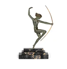 'Diana': An Art Deco Figural Sculpture by Marcel Bouraine, circa 1925, depicting a female nude poised on one leg holding a bow aloft, mounted on a stepped marble base, offered Aug 2020