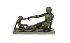 'Playtime': An Art Deco Patinated Bronze Figural Sculpture of a Mother and Child by Marcel Bouraine, circa 1925, 'Playtime': An Art Deco Patinated Bronze Figural Sculpture of a Mother and Child, circa 1925, offered Aug 2020