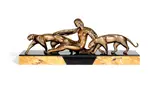 Michel Decoux, 'Friends': A Large Rare Art Deco Bronze Sculpture, circa 1925, a double panther group with stylised central female figure, mounted on a black stone base with inset yellow variegated marble sections