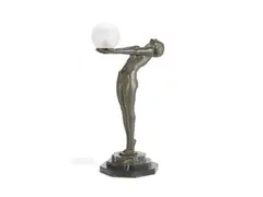 Max Le Verrier, Clarté: A Large Art Deco Green Patinated Metal Figural Lamp; mid to late 20th Century (design introduced circa 1930)