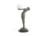 Max Le Verrier, Clarté: A Large Art Deco Green Patinated Metal Figural Lamp; mid to late 20th Century (design introduced circa 1930)