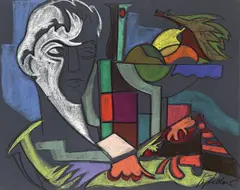 Rudolf Bredow, Stilleben mit Büste, Um 1956, Farbkreiden auf blau-grauem Papier
