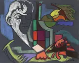 Rudolf Bredow, Stilleben mit Büste, Um 1956, Farbkreiden auf blau-grauem Papier