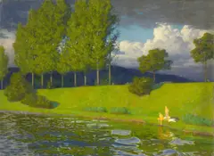 Max Pietschmann, Zwei Badende am See, Um 1890, Öl auf Leinwand. 82 cm × 111 cm (32 ¼ in. × 43 ¾ in.)