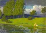 Max Pietschmann, Zwei Badende am See, Um 1890, Öl auf Leinwand. 82 cm × 111 cm (32 ¼ in. × 43 ¾ in.)