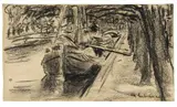 Max Liebermann, Frachtschiffe in einer Gracht, Um 1890, Kreide auf Papier (aus einem Zeichenblock)