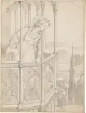 Moritz von Schwind, Junger Page auf dem Söller, 1822, Bleistift, grau laviert auf Bütten (aus einem Skizzenbuch)