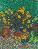 Gustav Gildemeister, Stillleben (Blumenvase mit orangeroter Kanne und Früchten), Um 1907, Öl auf Leinwand