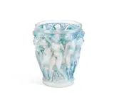 A Pre-War 'Bacchantes' Vase, design introduced in 1927 by René Lalique, opalescent glass, press-moulded, frosted and polished with blue staining, sold Aug 2020