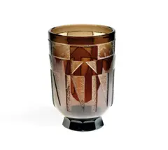 Verame, A French Art Deco Acid-Etched Vase, circa 1930, dark topaz glass, deeply etched with an abstract pattern, and with a faceted foot