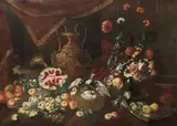 Michelangelo Pace called del Campidoglio, A bronze urn with flowers, fruit and basket of birds on a table-top, oil on canvas