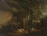 George Morland, A stable yard with pigs, donkeys and figures leaning over a gate, oil on canvas