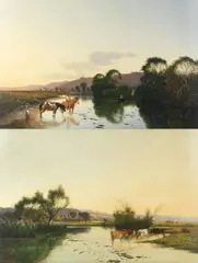 Edwin Henry Boddington, Tranquil river landscape; River landscape with punters and horses, a pair, oil on canvas