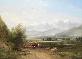 Frederick William 'Waters' Watts, Driving sheep through the valley, oil on canvas