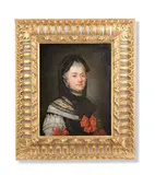 German School, Portrait of a lady, traditionally said to be of the Hönigswald family, bust-length, in black and white lace costume with red bows