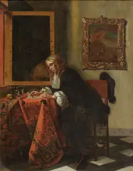 Gabriel Metsu, A gentleman writing a letter at a draped table in an interior, oil on canvas