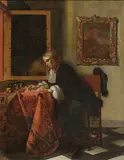 Gabriel Metsu, A gentleman writing a letter at a draped table in an interior, oil on canvas