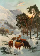 C.E.Watson, Highland cattle in a winter landscape, oil on canvas