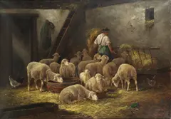 A shepherd in a barn with his flock by Continental School, 20th Century, oil on canvas, offered Mar 2020