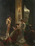 Edouard Frederic Wilhelm Richter, Dressing for the fancy dress ball, oil on canvas