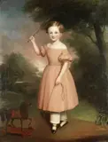 English School 19th century, Portrait of a girl with a toy horse, oil on canvas