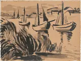 Max Pechstein, Fischerboote, 1924, Tuschpinsel auf Velin, auf Karton aufgezogen